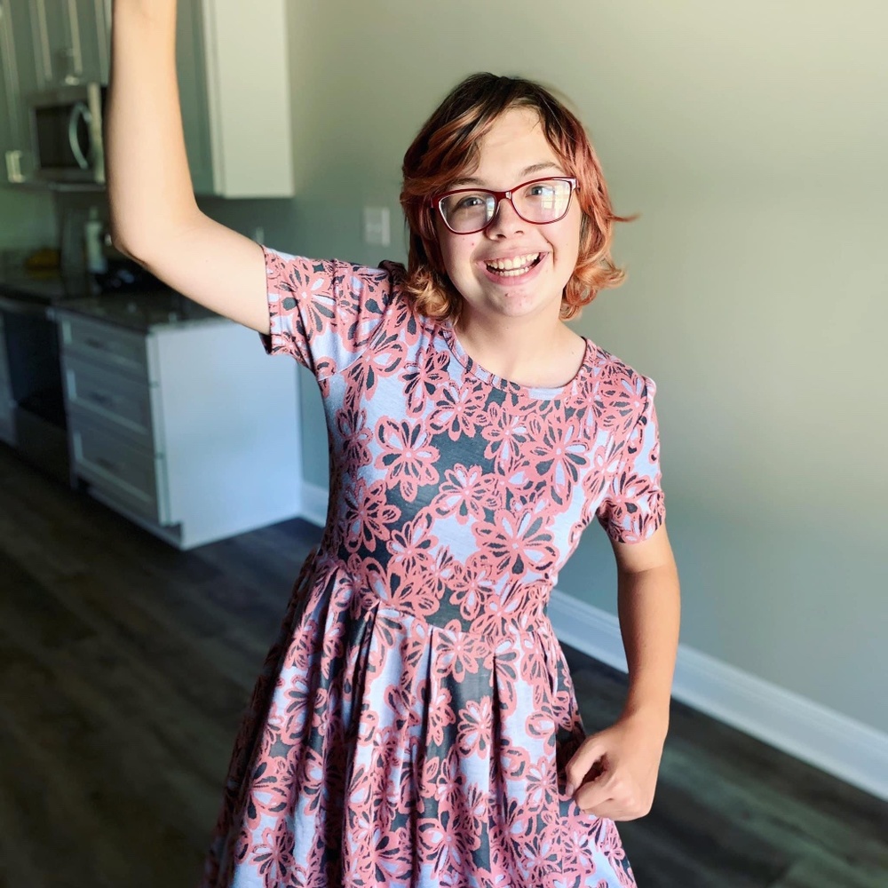 LulaRoe Dress L Black Pink Blue Floral Print Amelia Zip Knit Short